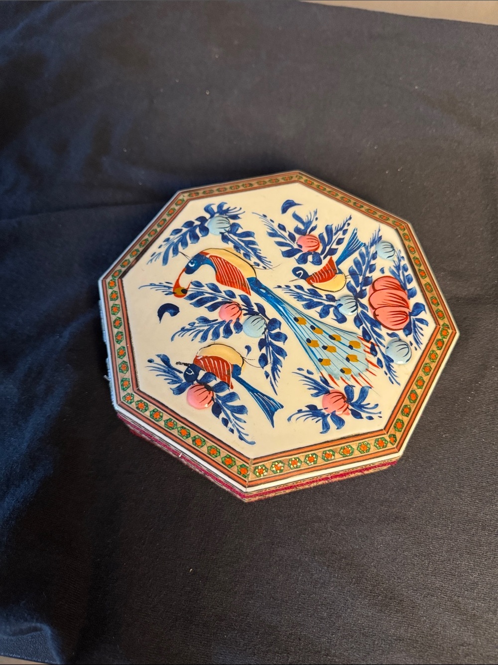 Octagonal Hand-Painted Bird Wall Plaque in Blue & Pink